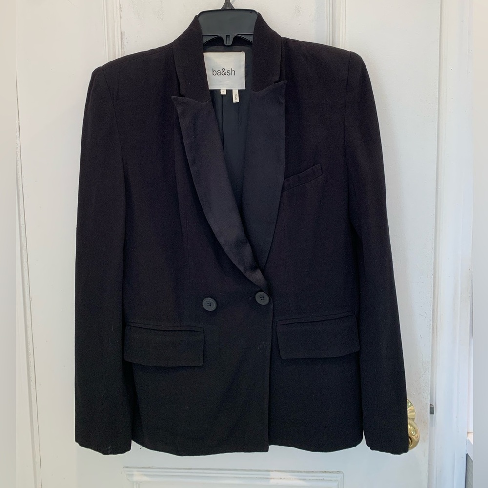 Ba&sh Nidia black crepe double breasted satin-trimmed blazer. Size XS (4 U.S.)